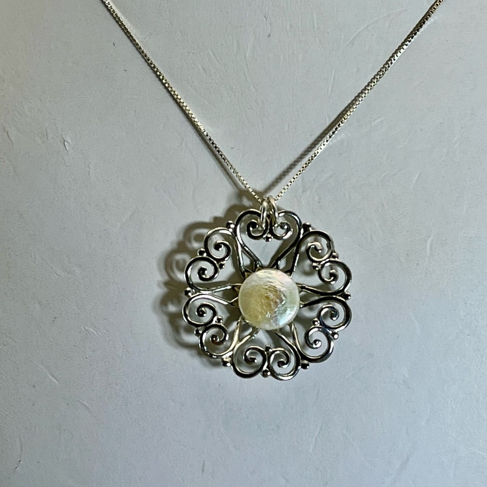 Victorian Silver and White Coin Pearl Filigree Necklace - Picture 2 of 3